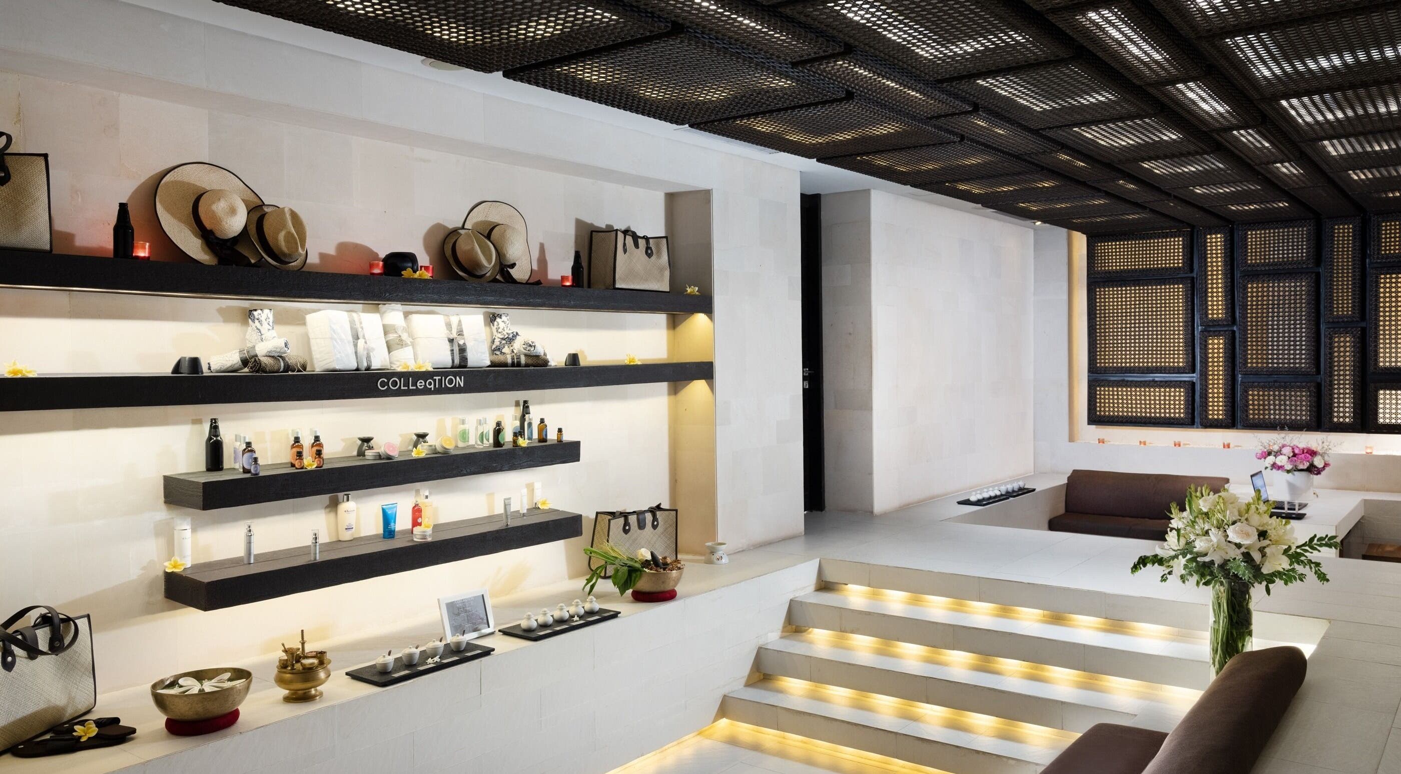 eqUALIZE Spa interior with shelves and decor in Kuta Utara, Bali, ID showcasing a tranquil ambiance.