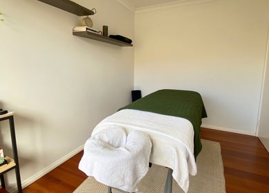 Relaxing massage room at Balanced Taurus Massage Therapy, Halls Head, Western Australia, AU.
