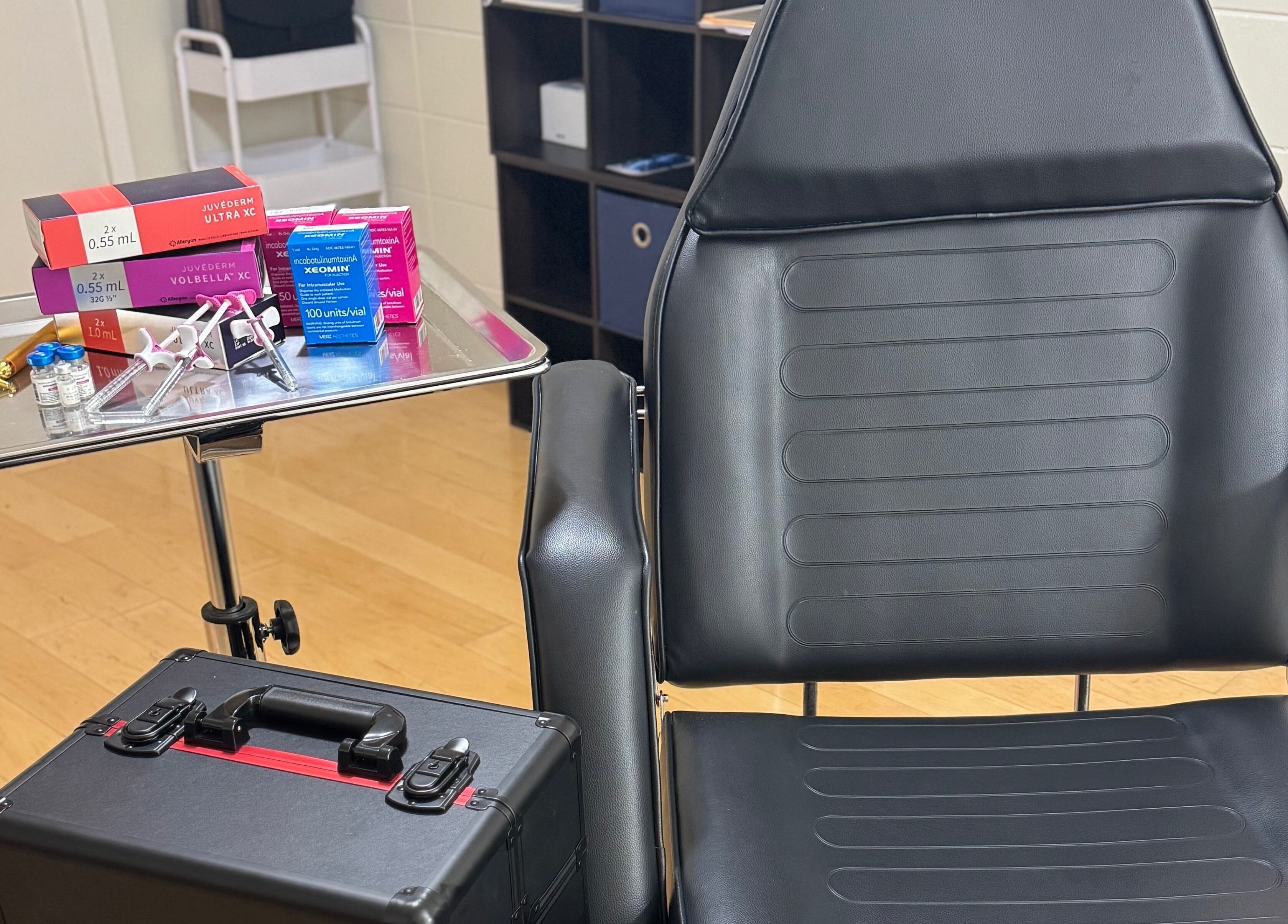 Comfortable treatment chair and tools at Fair City Faces, Philadelphia, Mississippi, US, ready for clients.