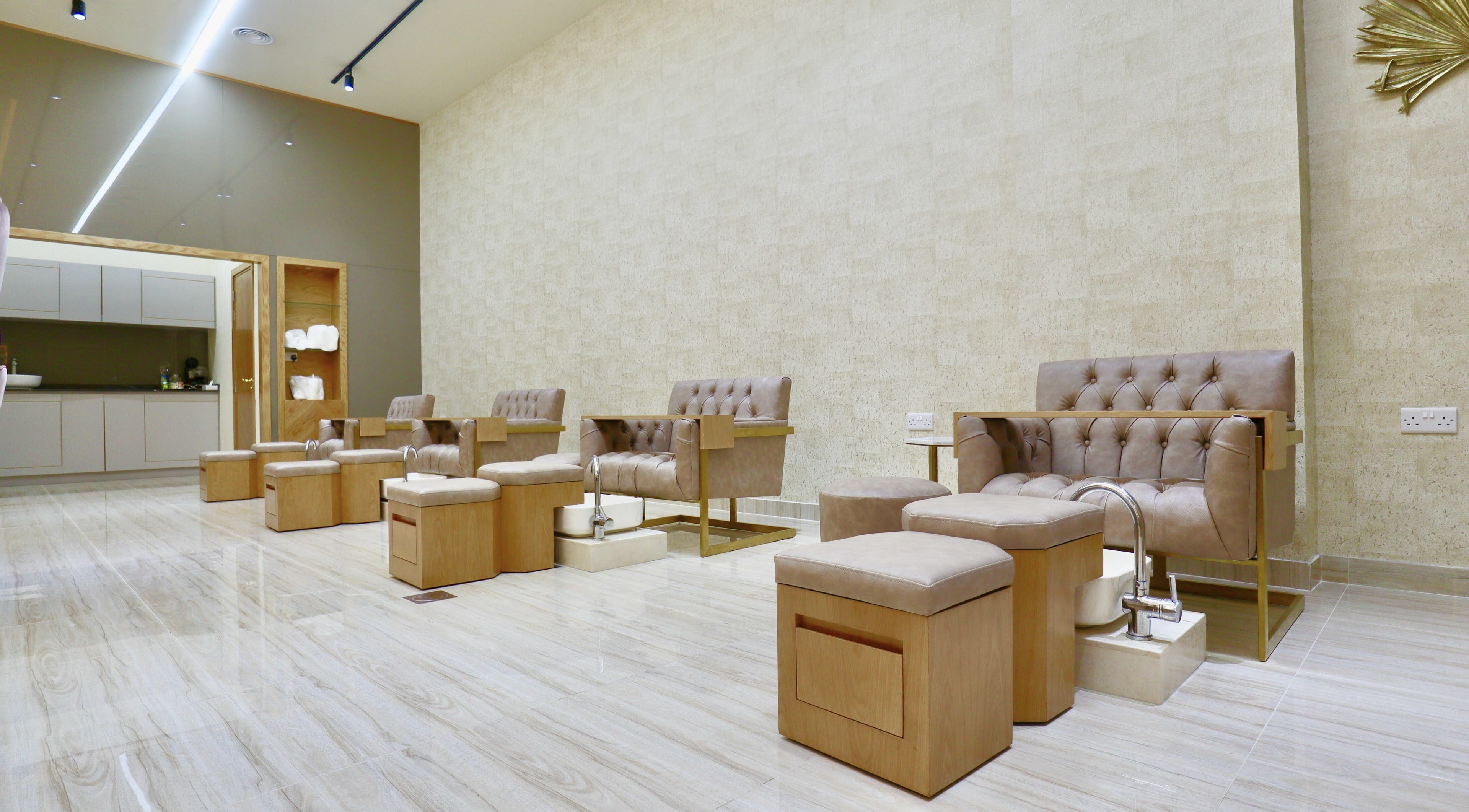 Luxurious pedicure chairs at Amber Beauty Salon | Meydan, Dubai, Dubai, AE offer comfort and style in a serene setting.