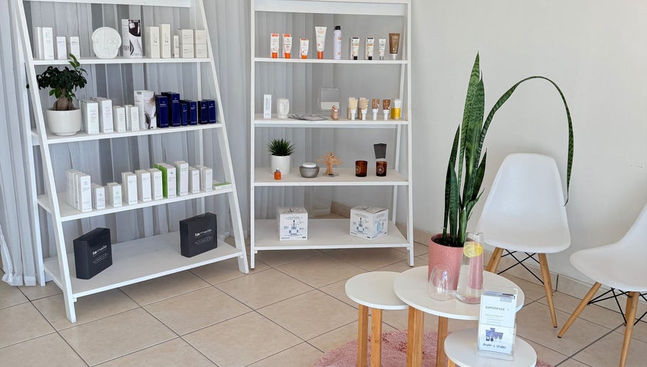Product shelves at Derma Aesthetics, Walvis Bay, Erongo Region, NA showcasing beauty and skincare items.