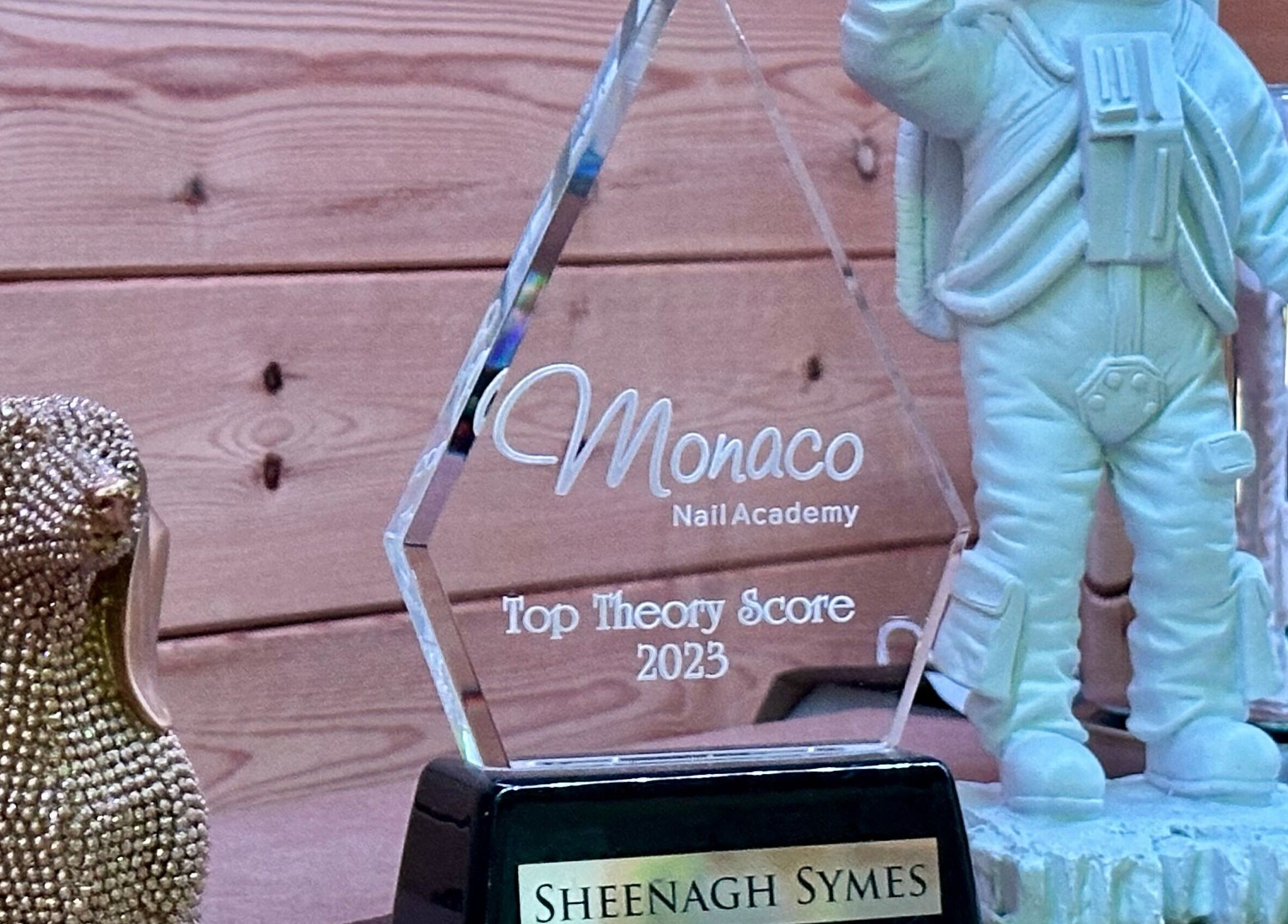 Award from Monaco Nail Academy displayed at The Dolls House Nail Studio, Renwick, Marlborough, NZ.