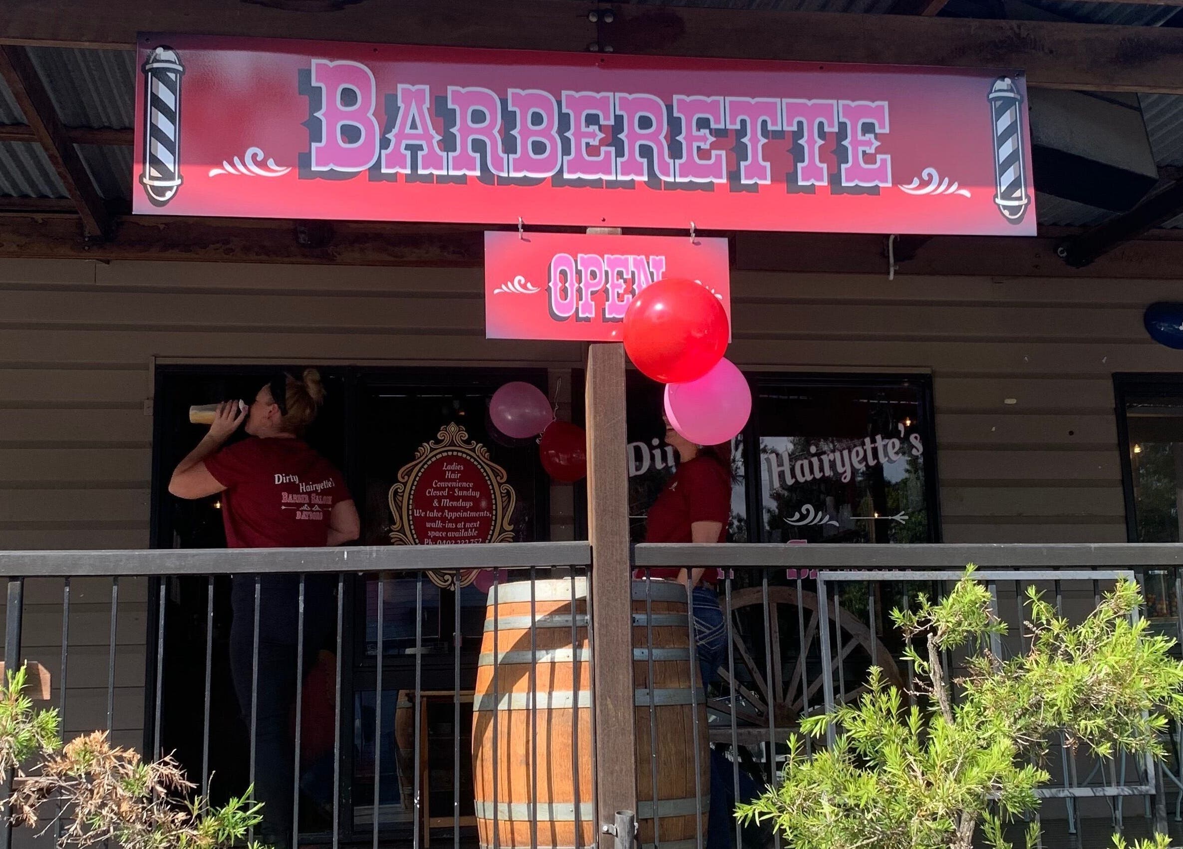 Barberette salon front with inviting open sign at LaLaBeauty Studios, Dayboro, Queensland, AU.