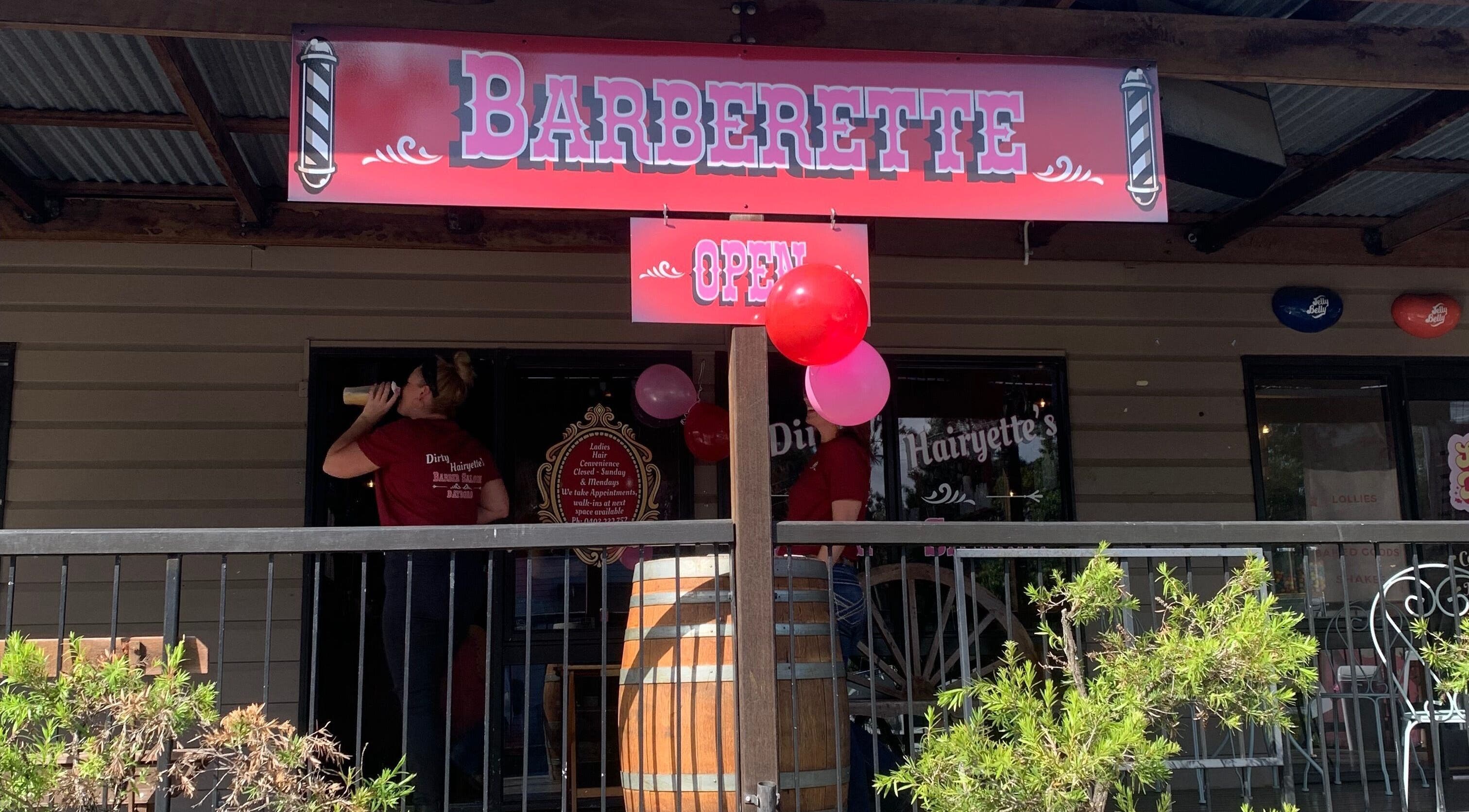 Barberette salon front with inviting open sign at LaLaBeauty Studios, Dayboro, Queensland, AU.