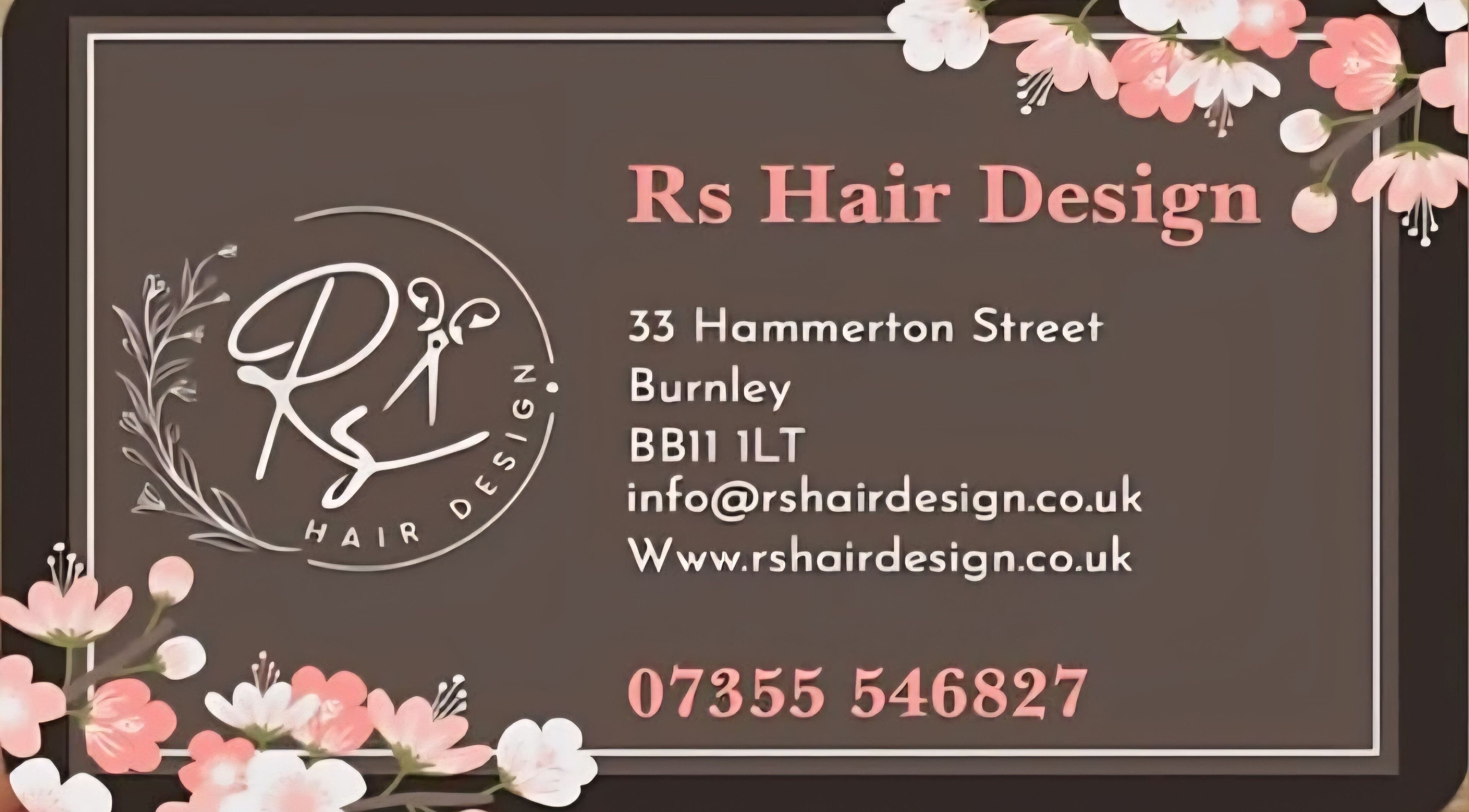 Elegant business card for Rs Hair Design, Burnley, England, GB with floral accents and contact details.