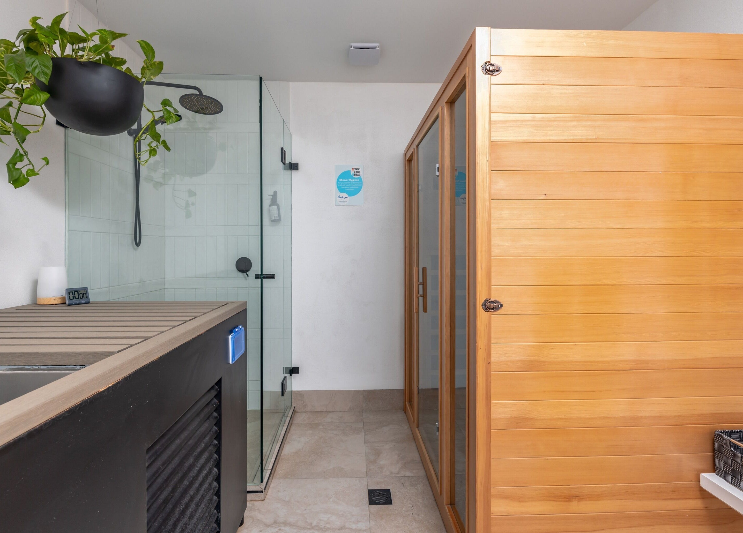Relaxing sauna and shower setup at Sweat Chill Exhale, Caringbah, New South Wales, AU.