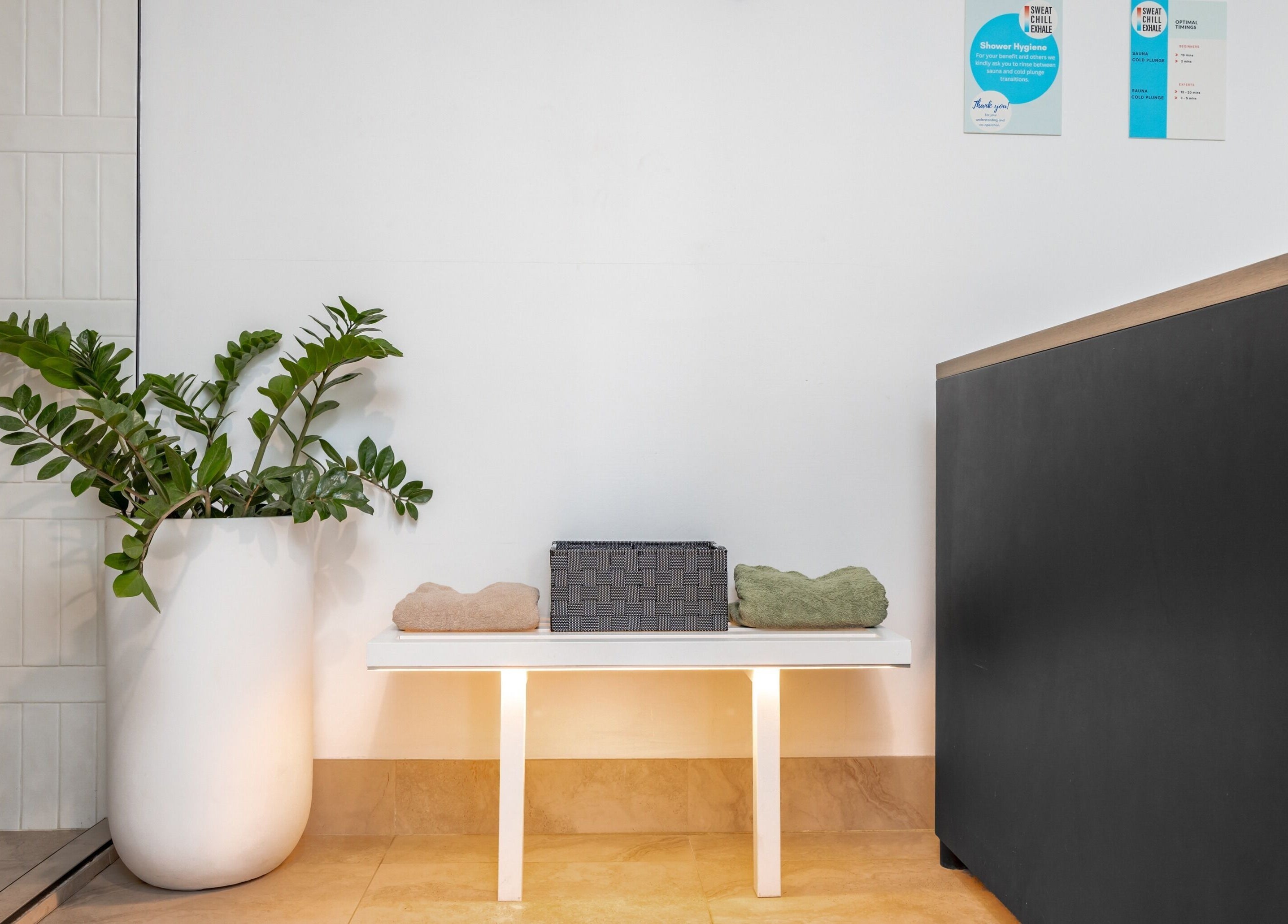 Relaxing corner at Sweat Chill Exhale, Caringbah, New South Wales, AU with plants and towels.