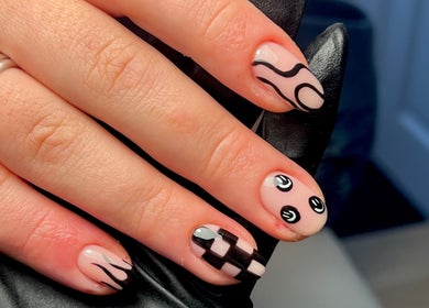 Intricate black and pink nail art at Nails By Jess, St Austell, England, GB.