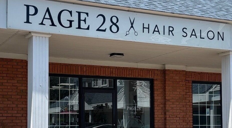Front view of Page28 Hair Salon, Port Jefferson Station, New York, highlighting its chic exterior.