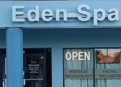 Front entrance of Eden Spa Massage and Facial in Pembroke Pines, Florida, US with open sign.