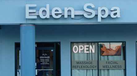 Front entrance of Eden Spa Massage and Facial in Pembroke Pines, Florida, US with open sign.