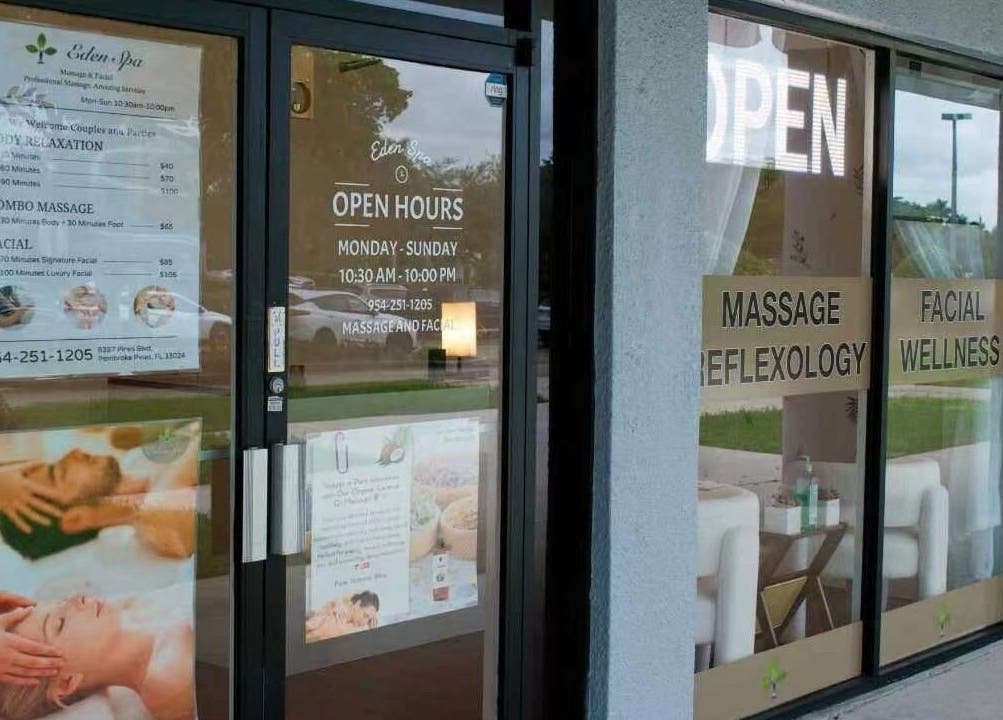 Entrance of Eden Spa Massage and Facial featuring services in Pembroke Pines, Florida, US.