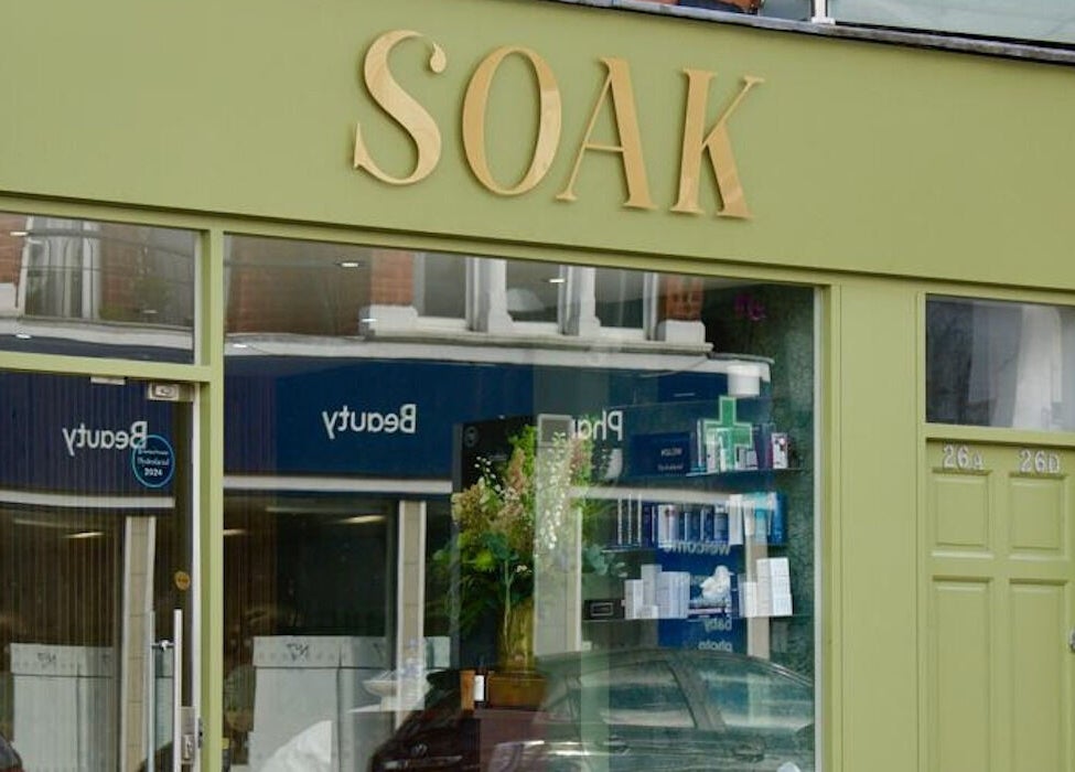 Front view of SOAK beauty venue showcasing its modern storefront in London, England, GB.