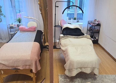 Behandlungsraum bei BE Vênus - Esthetic Salon KLG in Thun, Bern, CH mit zwei Massageliegen und warmem Ambiente.