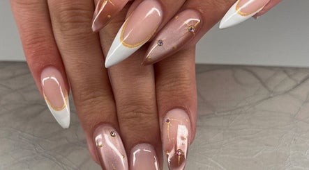 Chic nail art with gems and white tips at Honey & Clove Nails, Sylvan Lake, Alberta, CA.