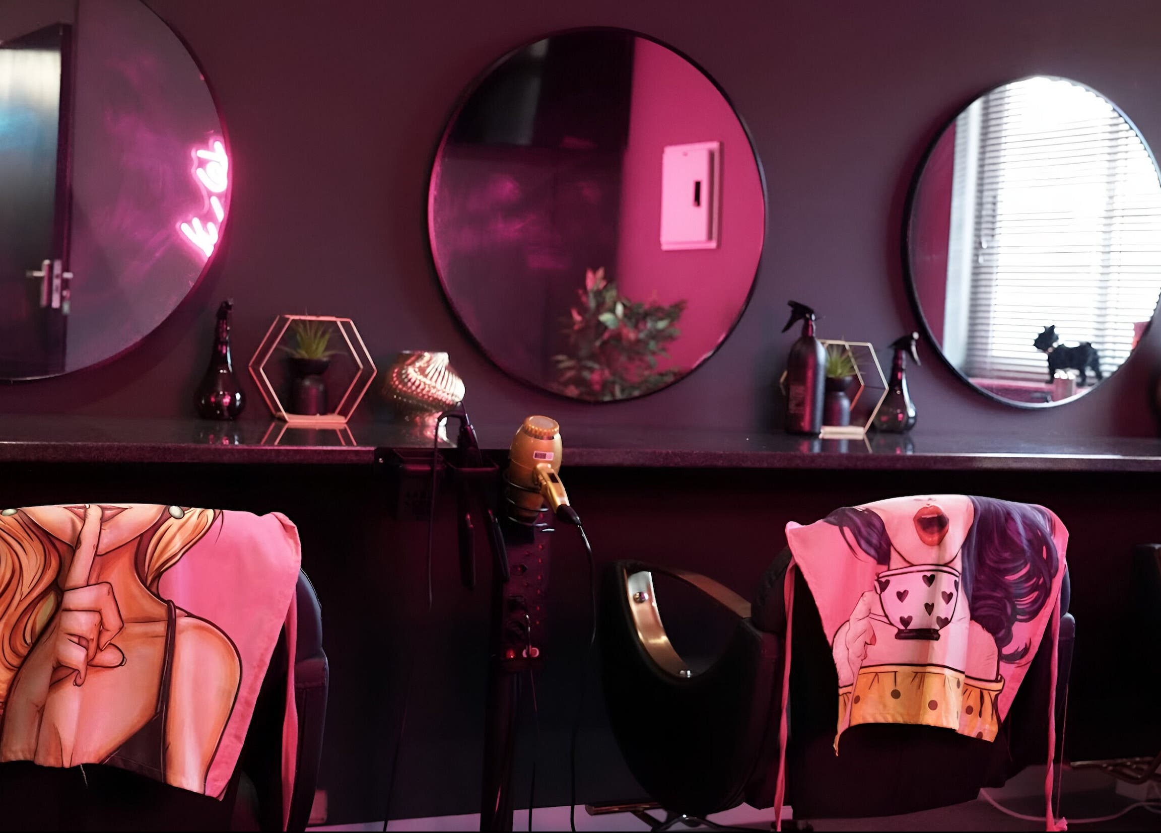 Stylish salon chairs with artistic covers at Plush Head Spa, Cape Town, Western Cape, ZA.