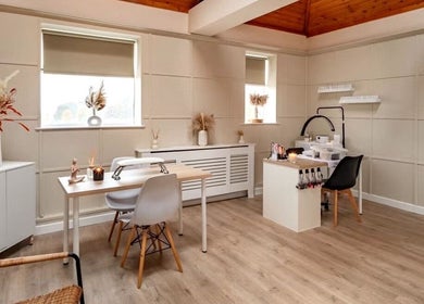 Bright and airy nail service room at CC Cosmetics in Exeter, England, GB, showcasing modern decor and relaxed ambiance.