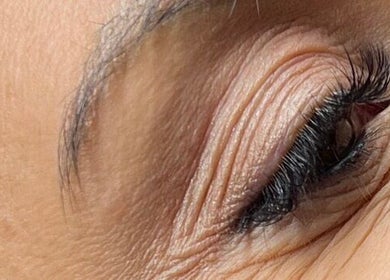 Close-up of a perfectly styled eyebrow and eyelashes at CC Cosmetics, Exeter, England, GB.