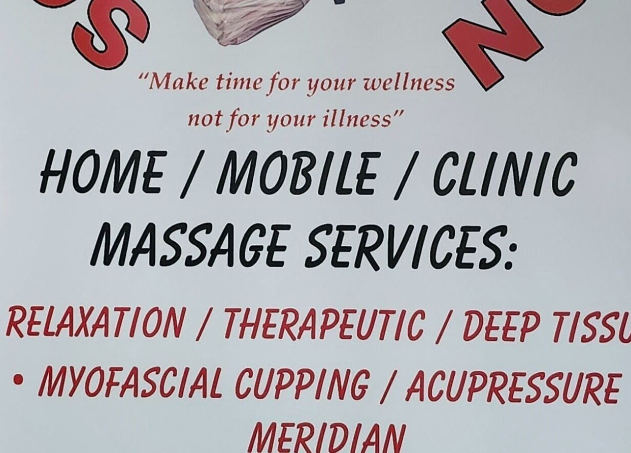Massage services poster at Sore Muscles Solution Ltd. in Edmonton, Alberta, CA. Home, mobile, clinic options listed.