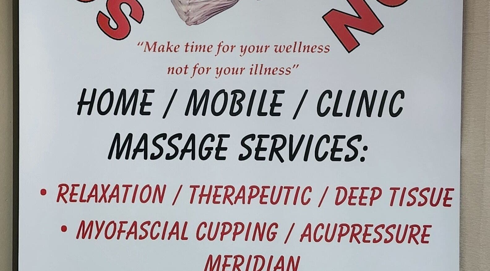 Massage services poster at Sore Muscles Solution Ltd. in Edmonton, Alberta, CA. Home, mobile, clinic options listed.