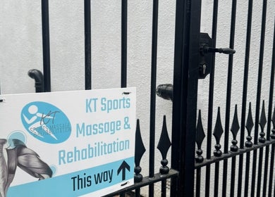 Entrance sign for Bolton clinic KT Sports Massage & Rehabilitation in Westhoughton, England, GB.