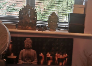 Buddha statues in a peaceful setting at Sanctuary Reflexology, York, England, GB, enhancing relaxation ambiance.