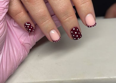 Elegant polka dot nail art at Glossed by Jorjah, Chelmsford, England, GB.