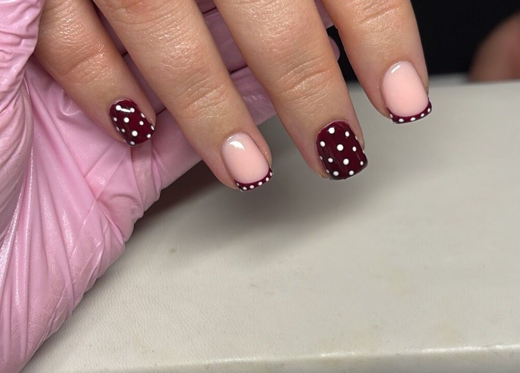Elegant polka dot nail art at Glossed by Jorjah, Chelmsford, England, GB.