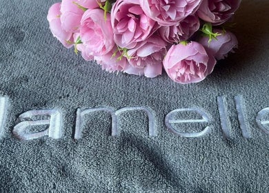 Pink flowers on Lamelle towel at HARTBEESPOORT Forever Perfect Aesthetics & Permanent Make-up, Hartbeespoort, North West, ZA.