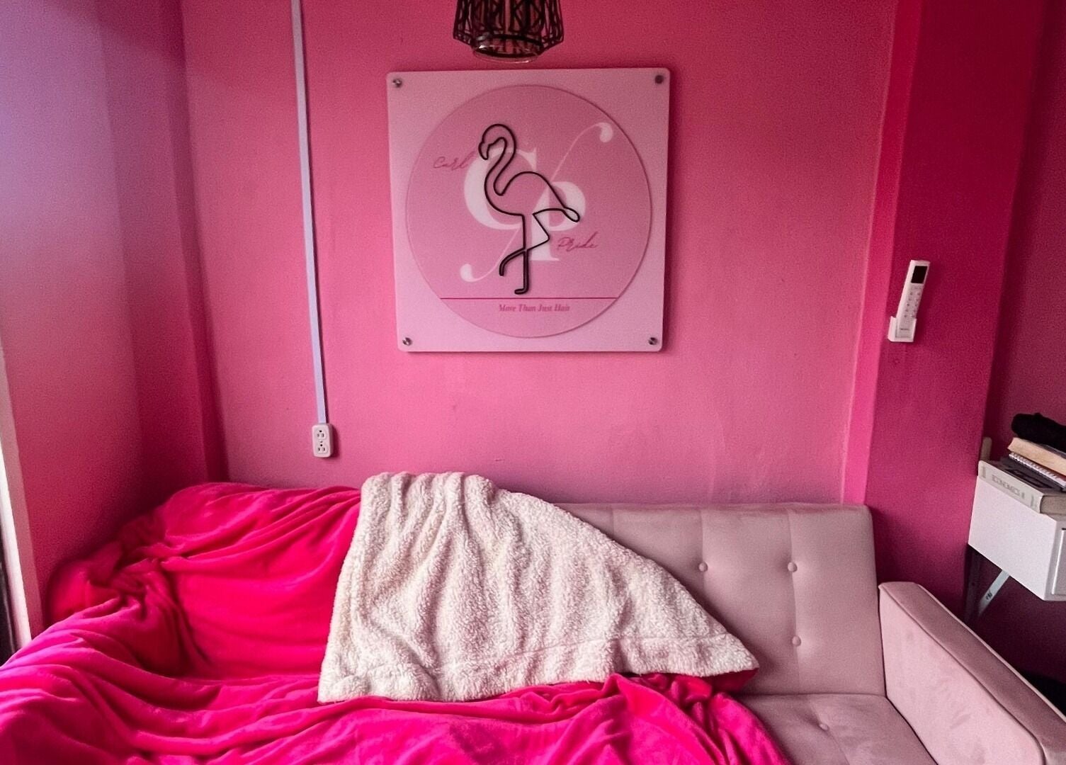 Cozy pink lounge at Curl Pride gy, West Bank Demerara, GY with flamingo decor and plush seating.