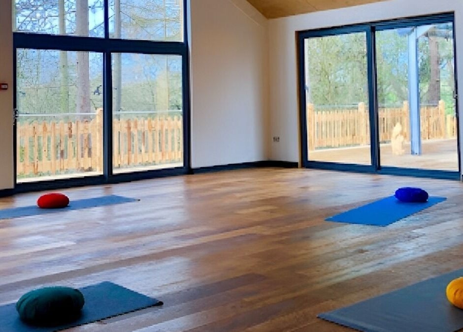 Spacious yoga room with mats at New Chapter Massage at Larchwood Studio, Hay-on-wye, Wales, GB.