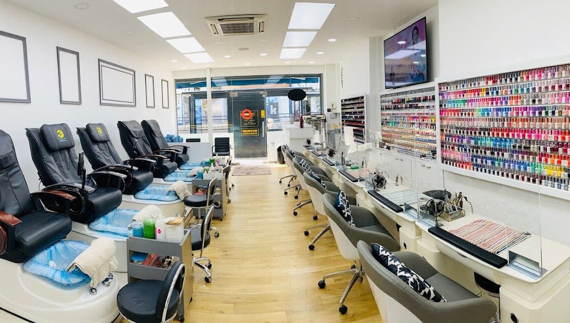 Interior of Perfect Image Nails in London, England, GB showcasing stylish manicure and pedicure stations.