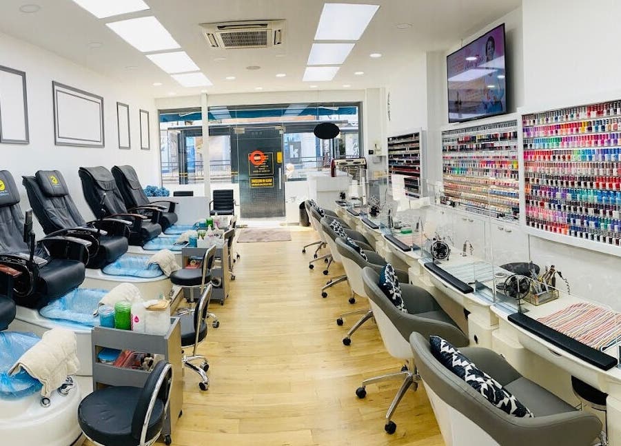 Interior of Perfect Image Nails in London, England, GB showcasing stylish manicure and pedicure stations.