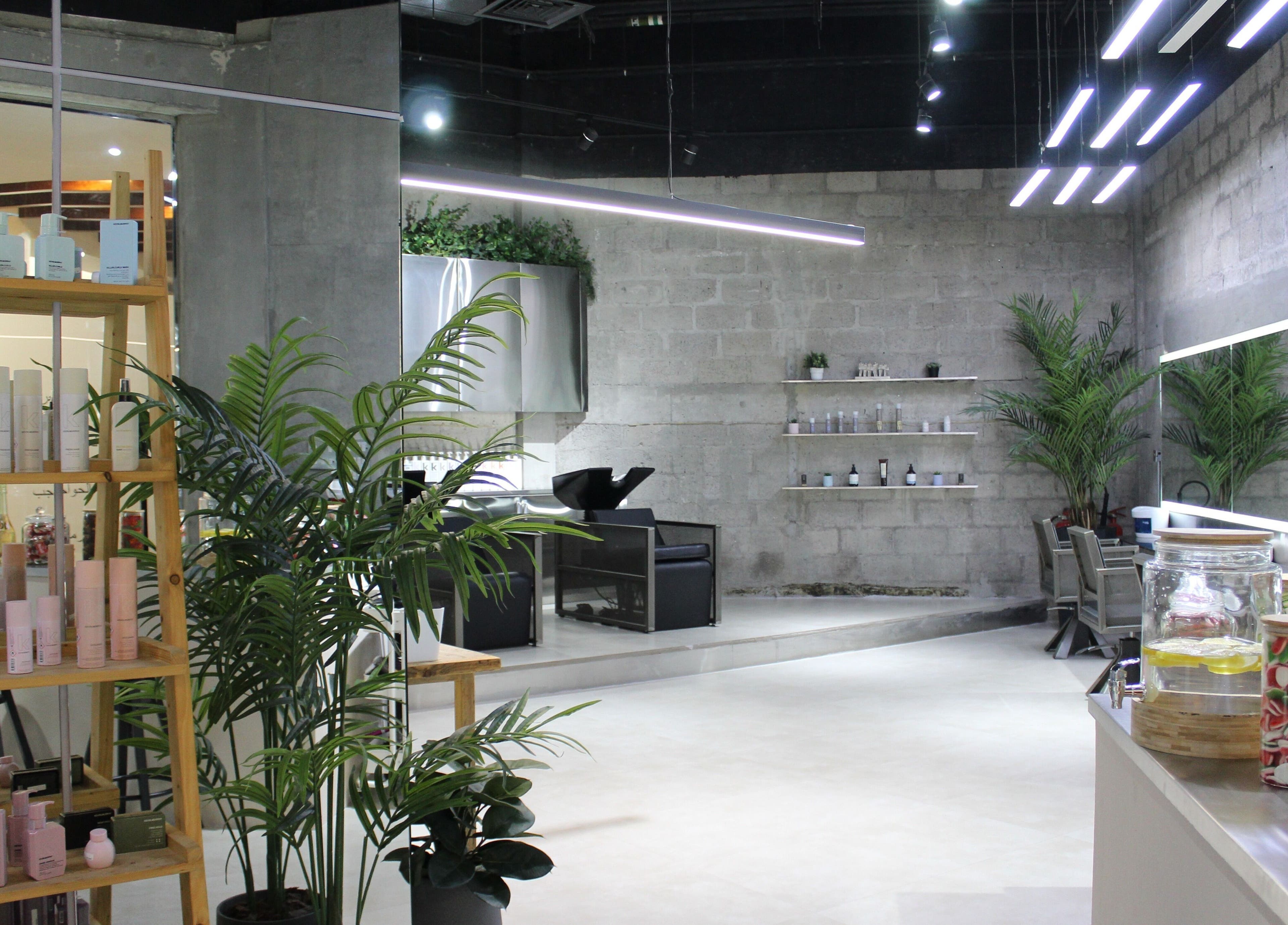 Modern interior of Paintbox Hair Studio in Dubai, Dubai, AE showcasing products and greenery.