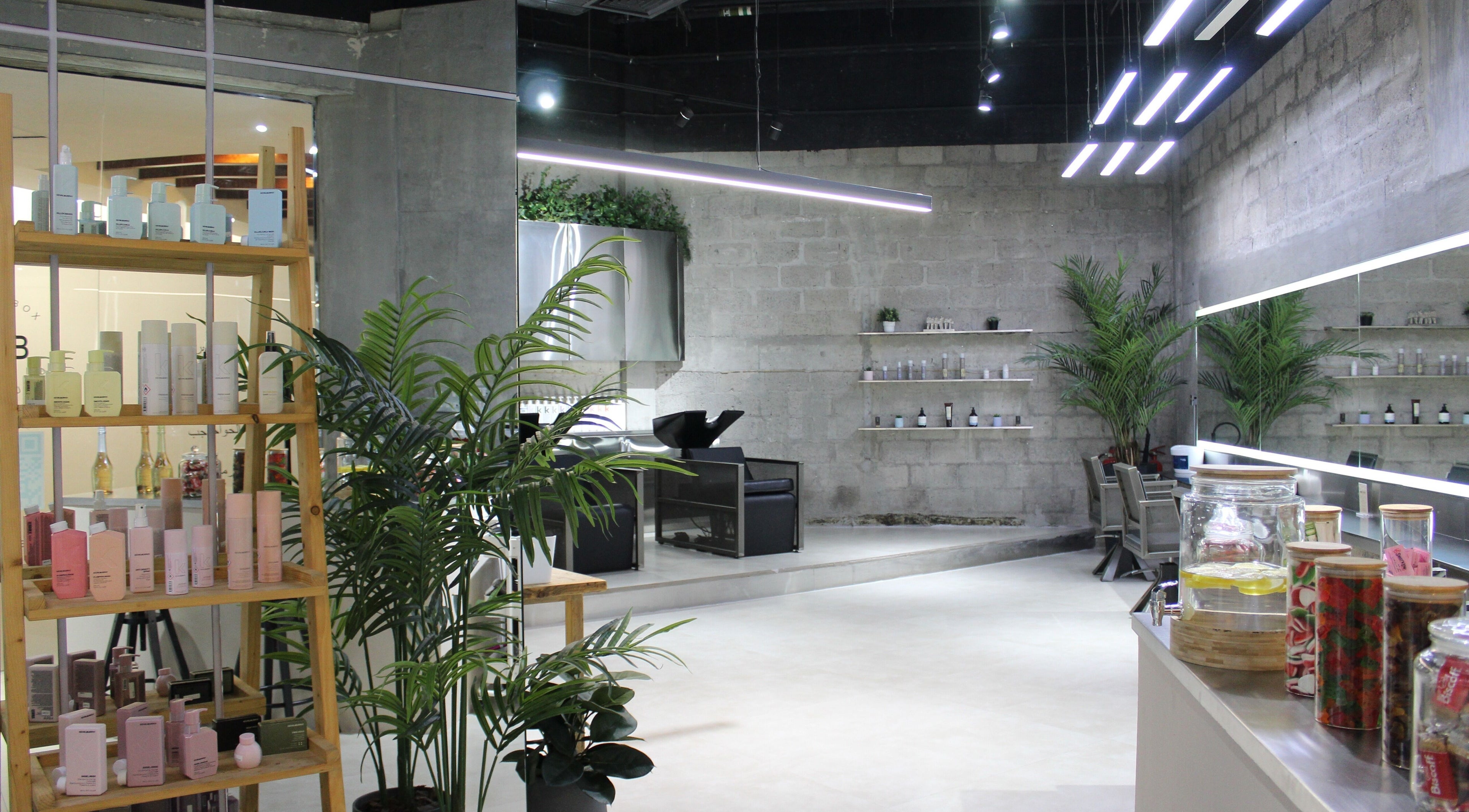Modern interior of Paintbox Hair Studio in Dubai, Dubai, AE showcasing products and greenery.