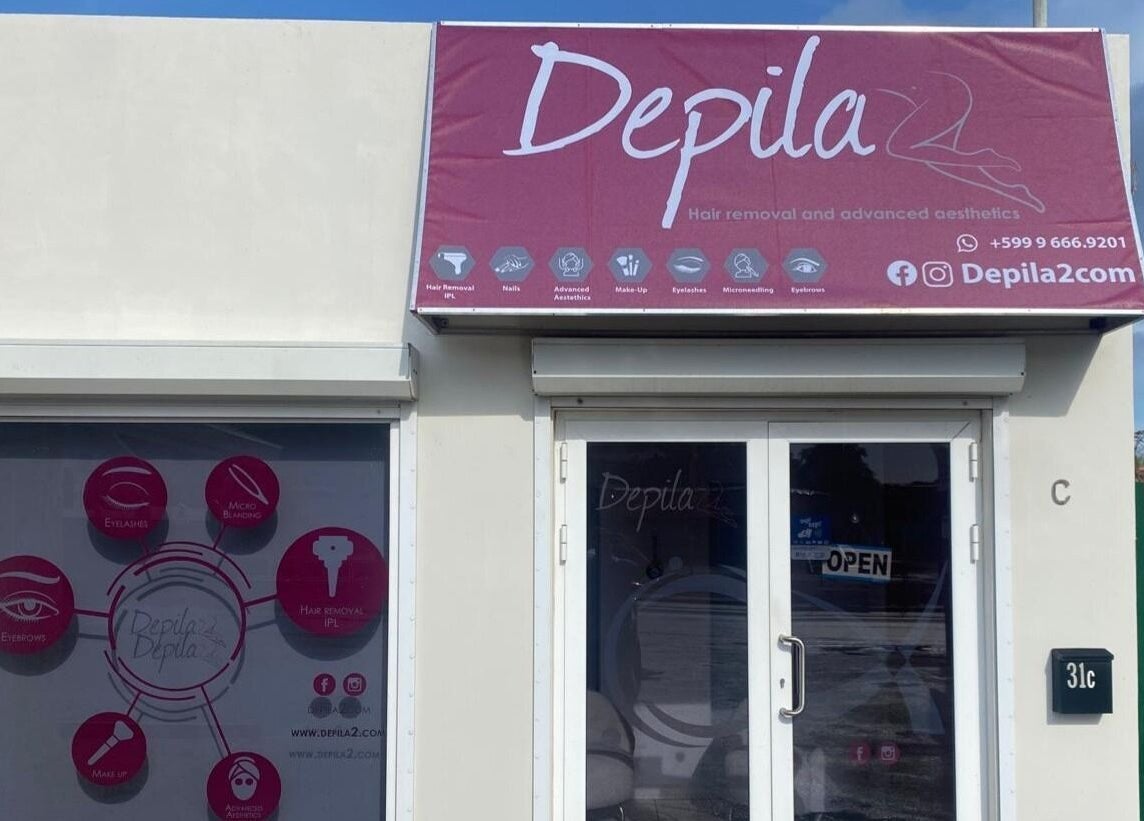 Fachada del centro de belleza Depila2 en Willemstad, CW, mostrando servicios de estética avanzada.