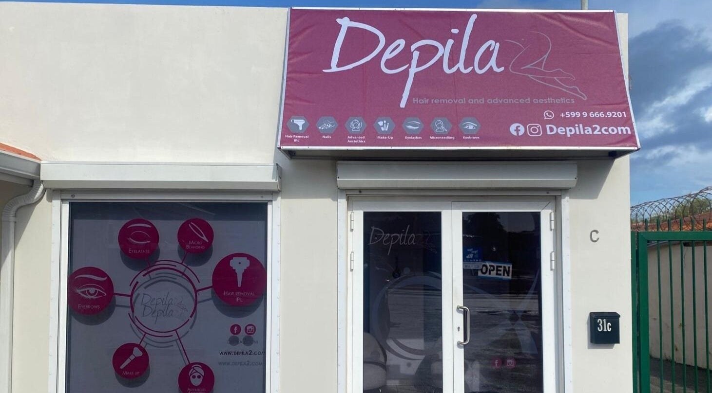 Fachada del centro de belleza Depila2 en Willemstad, CW, mostrando servicios de estética avanzada.
