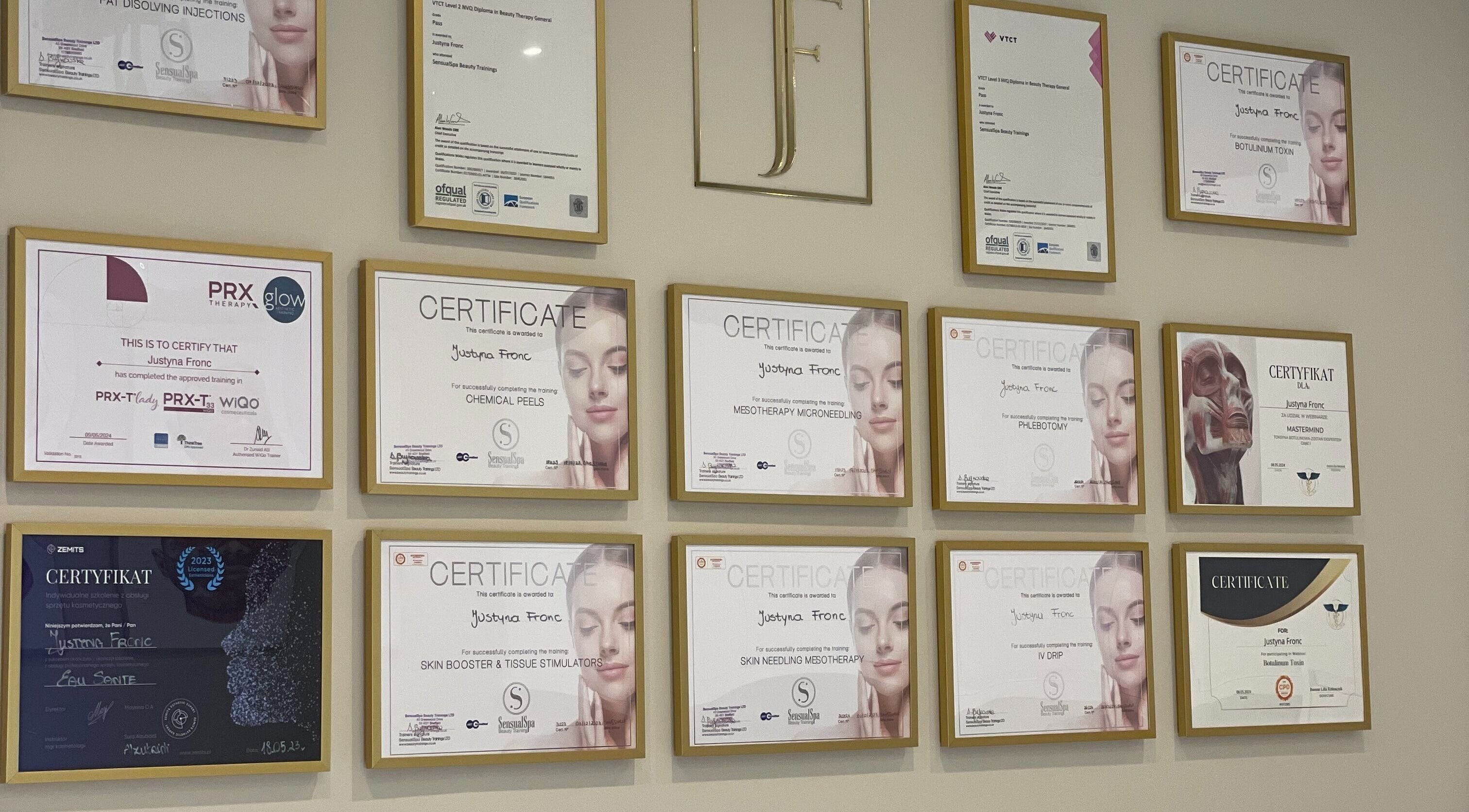 Certificates of Justyna Fronc at Glow Skin Justyna Fronc, London, England, GB, showcasing expertise.