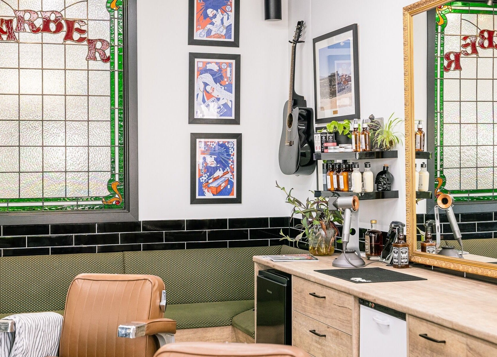 Interior of Broken Hearts Barbershop in Port Macquarie, featuring vintage decor and stylish seating.