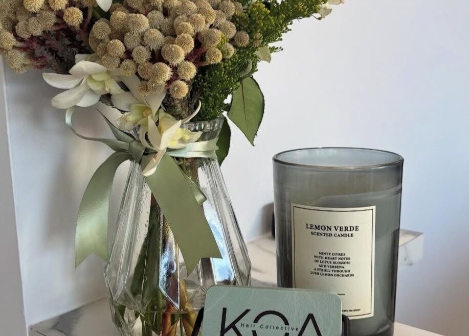 Elegant bouquet with candle at Gemma Gracie Hair Artistry, Applecross, Western Australia, AU.