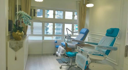 Luxurious nail care station at Medi Nail Pro in Hong Kong, HK, featuring plush seating and elegant decor.