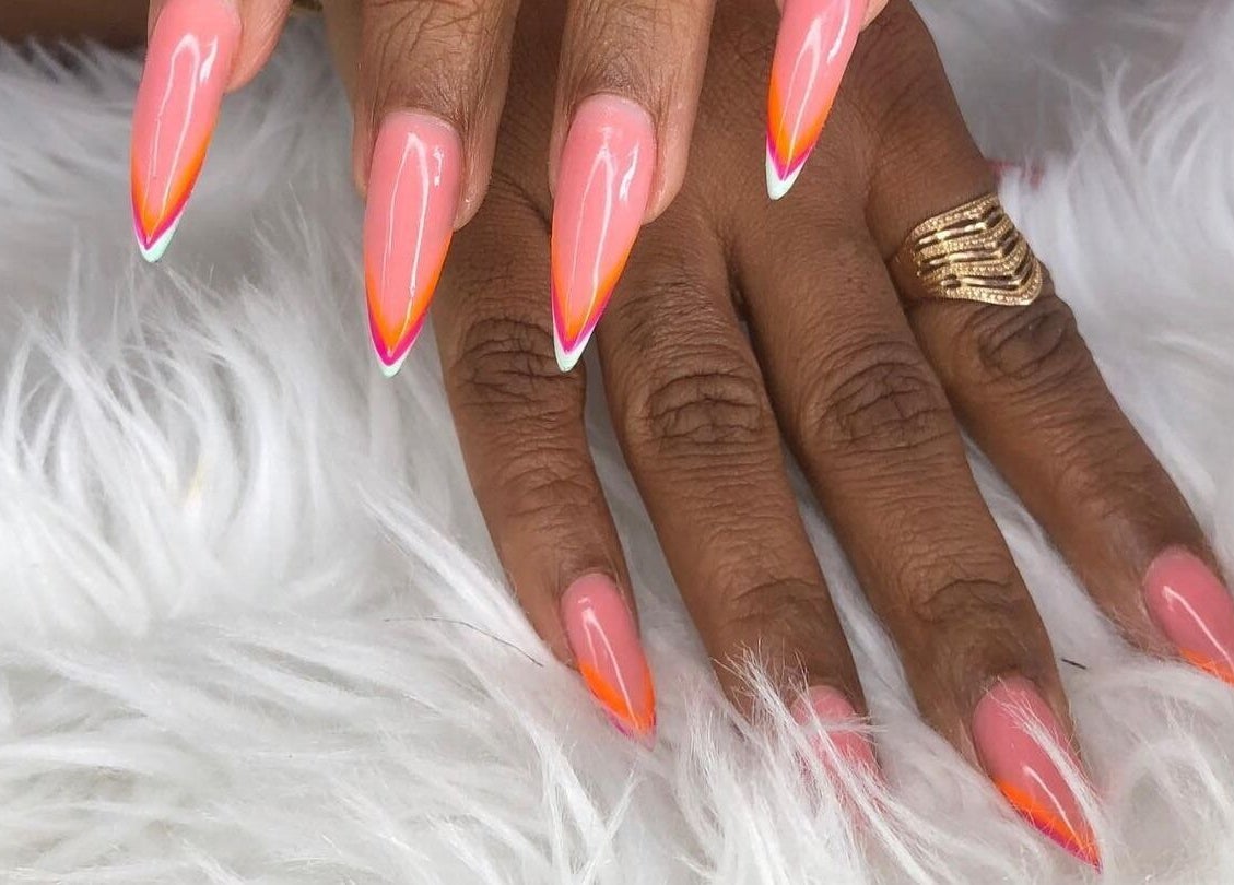 Vivid orange and pink nail art from Nail Crush TT, San Fernando, San Fernando City Corporation, TT.