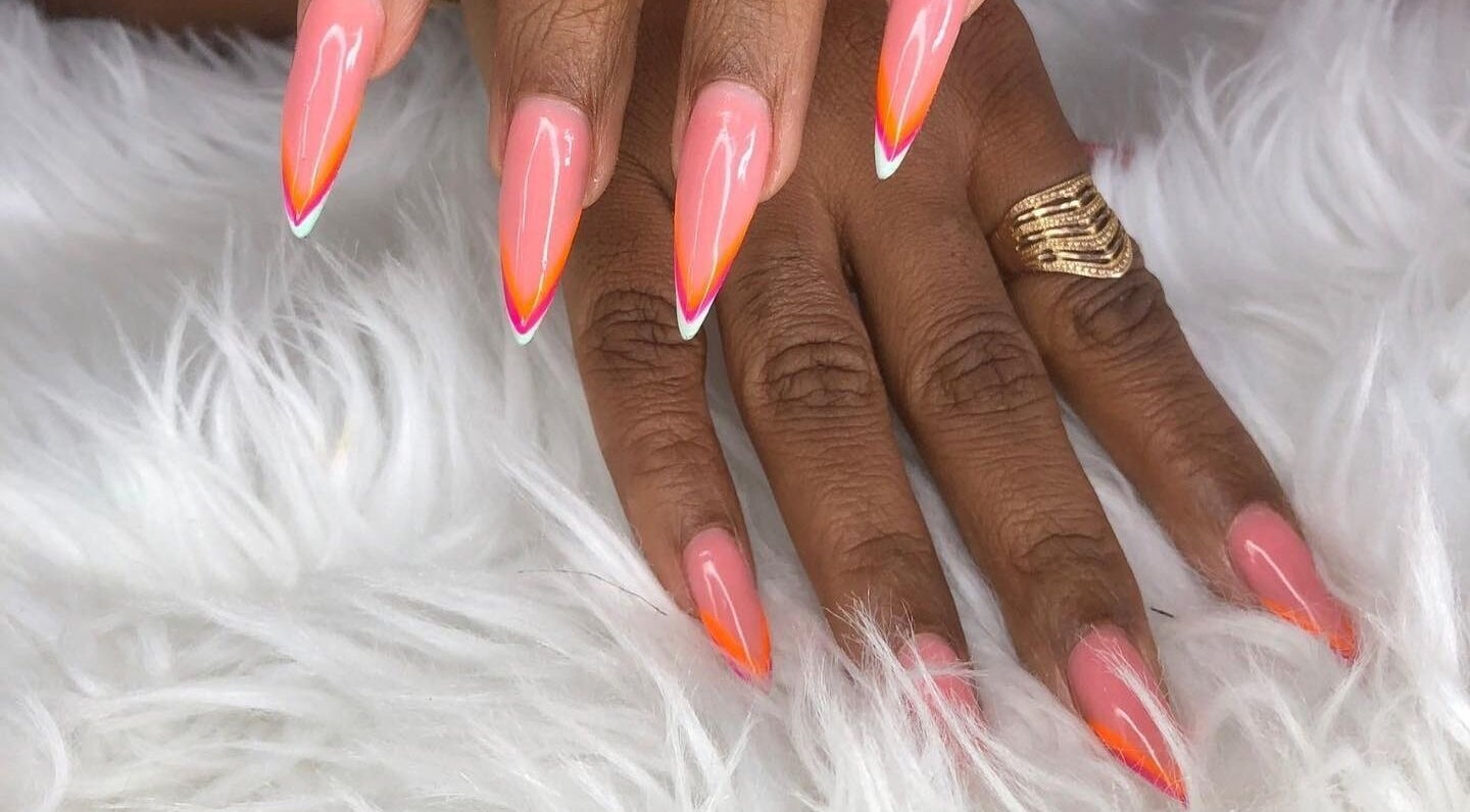 Vivid orange and pink nail art from Nail Crush TT, San Fernando, San Fernando City Corporation, TT.