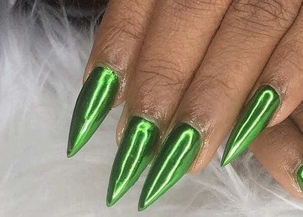 Vibrant green metallic nails at Nail Crush TT, San Fernando, San Fernando City Corporation, TT.
