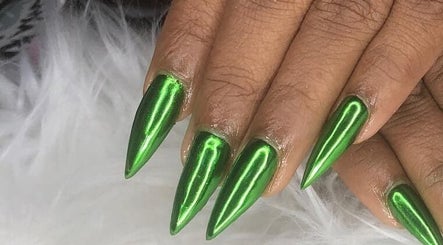 Vibrant green metallic nails at Nail Crush TT, San Fernando, San Fernando City Corporation, TT.