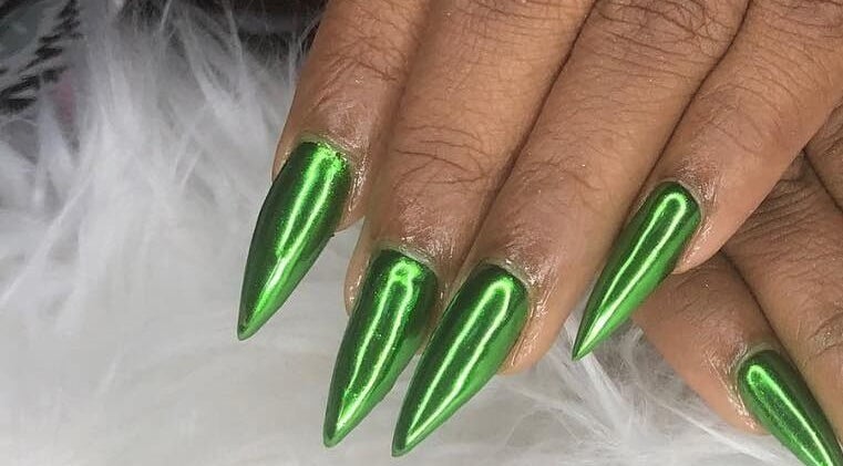 Vibrant green metallic nails at Nail Crush TT, San Fernando, San Fernando City Corporation, TT.