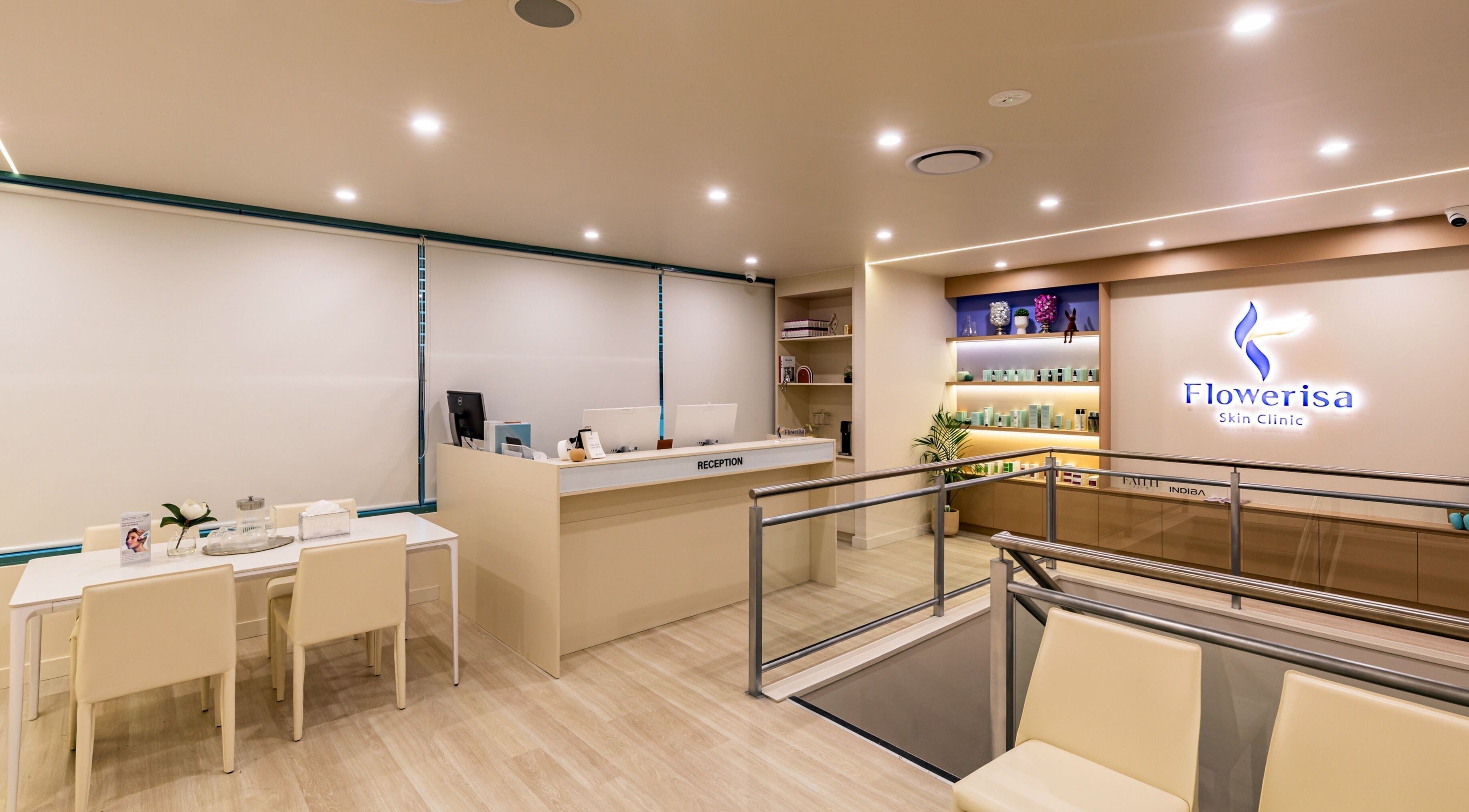 Welcome area of Flowerisa Skin Clinic Main Store in Macquarie Park, New South Wales, AU, featuring modern decor.