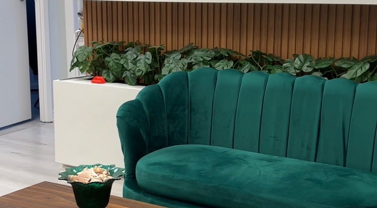 Elegant green sofa and plants at Miss Kris PMU in Toronto, Ontario, CA showcasing a serene and inviting space.