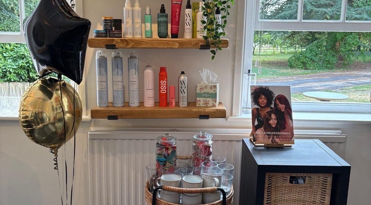 Hair care products and decor at HairbyAmiEileen, Basingstoke, England, GB. Aesthetic salon display for clients.