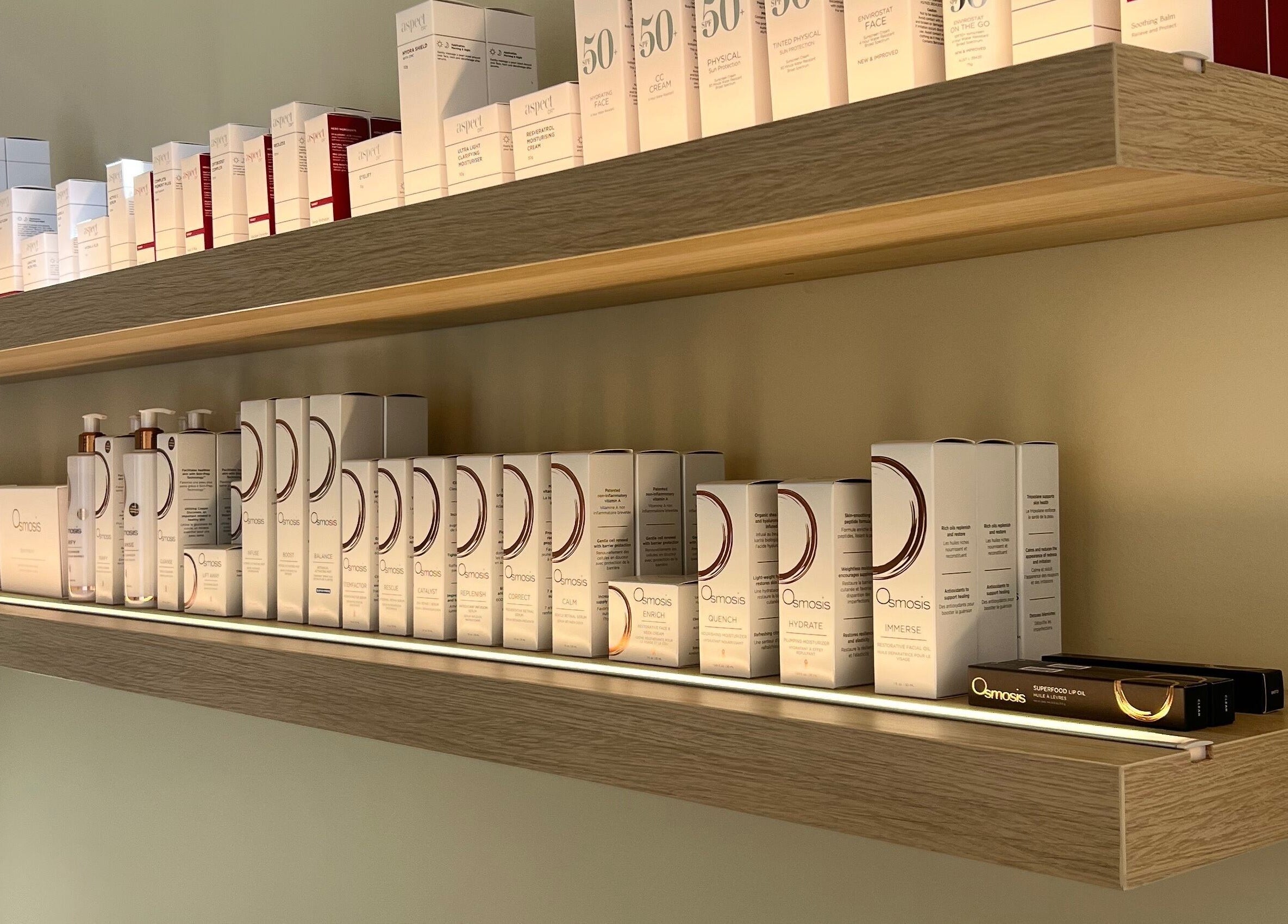 Product shelves at The Dermal Den, Northcote, Victoria, AU featuring a range of skincare products.